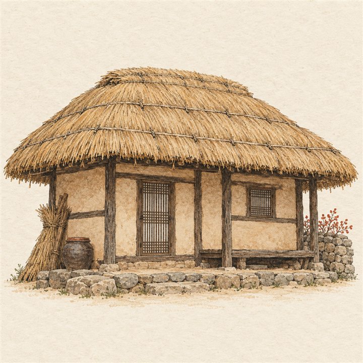 An illustrated rural Korean house with a thatched roof.