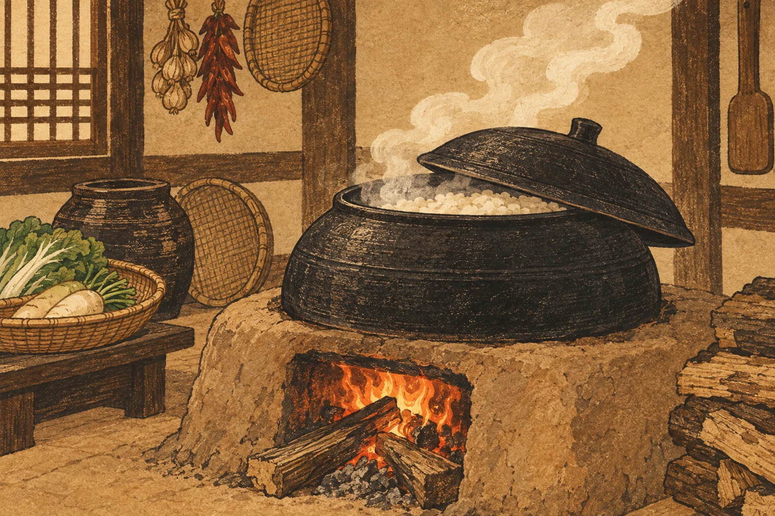 A broad cast-iron cooking pot with its domed lid partly open sits in an earthen hearth above a wood fire.