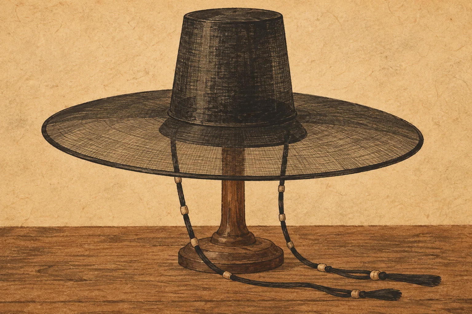 A black gat with a wide translucent brim and tall cylindrical crown rests on a wooden stand.