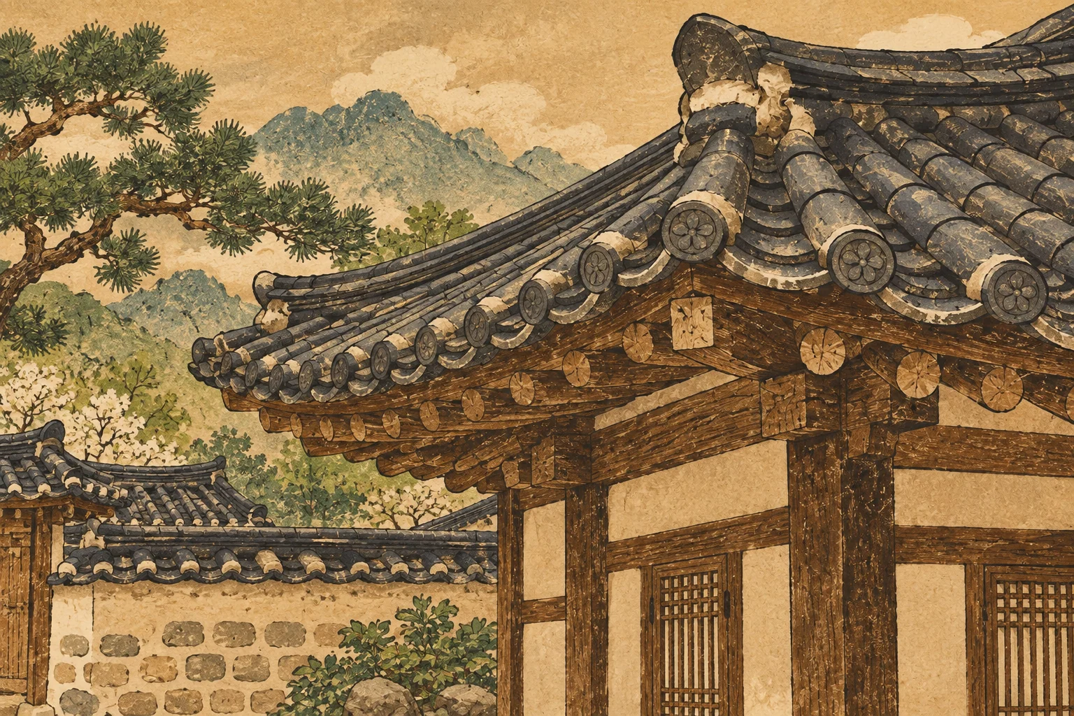 Close view of curved dark roof tiles and sweeping eaves on a traditional Korean timber house.