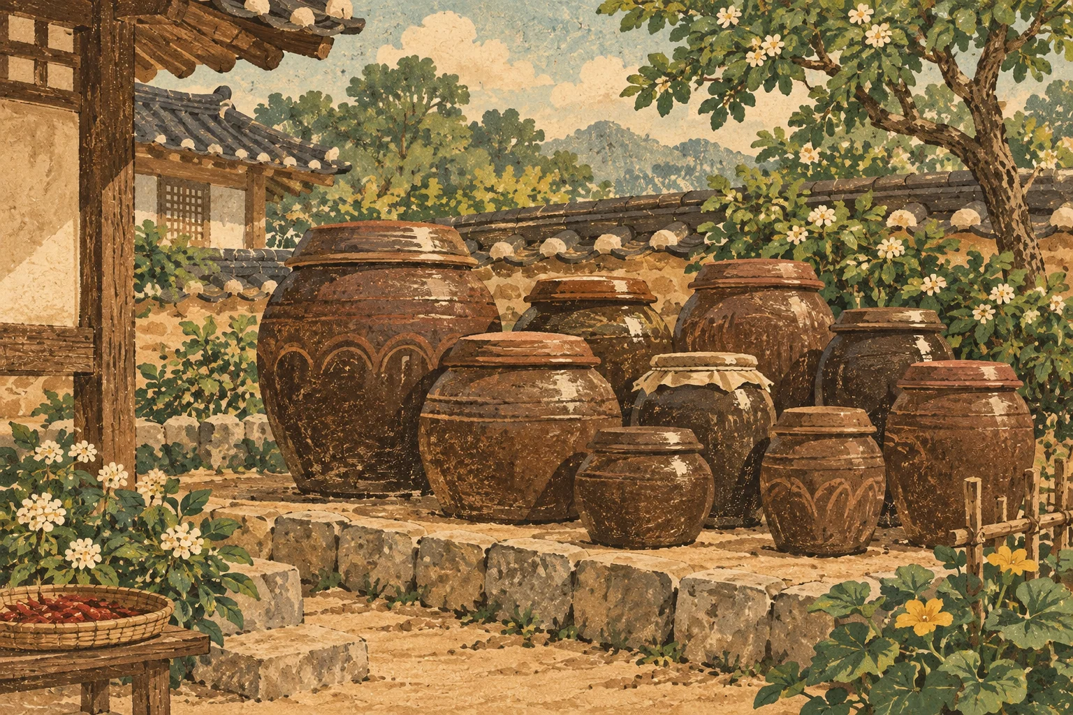 Earthenware storage jars of varied shapes sit on a low outdoor platform in a walled courtyard.
