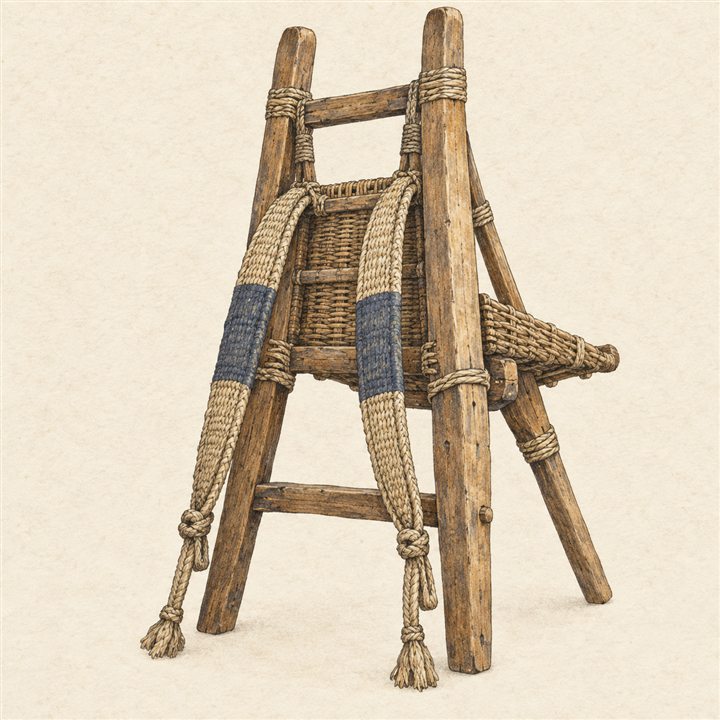A wooden A-frame jige back carrier, shown upright.