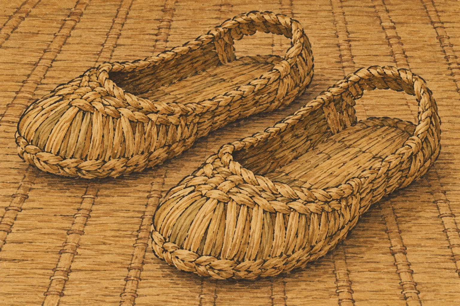 A pair of woven straw shoes rests on a plain mat, showing braided plant-fibre construction.
