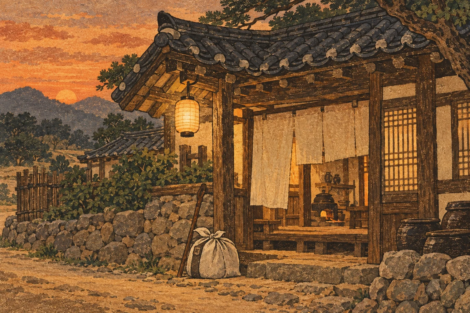A modest timber roadside inn with a covered entry and lantern stands at dusk beside a traveler's bundle.
