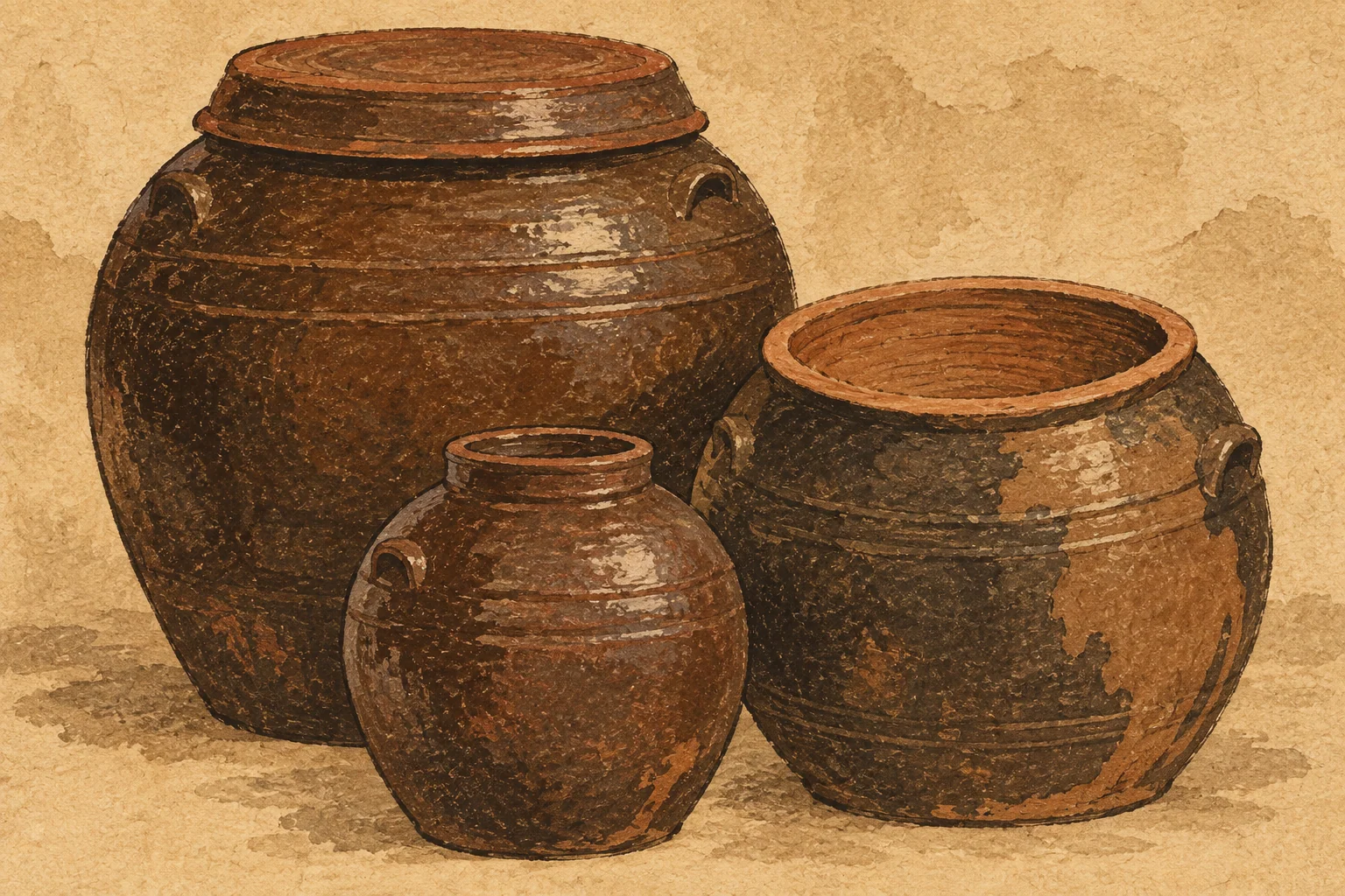 Three brown earthenware vessels show varied sizes, glazed surfaces, lids, and openings.