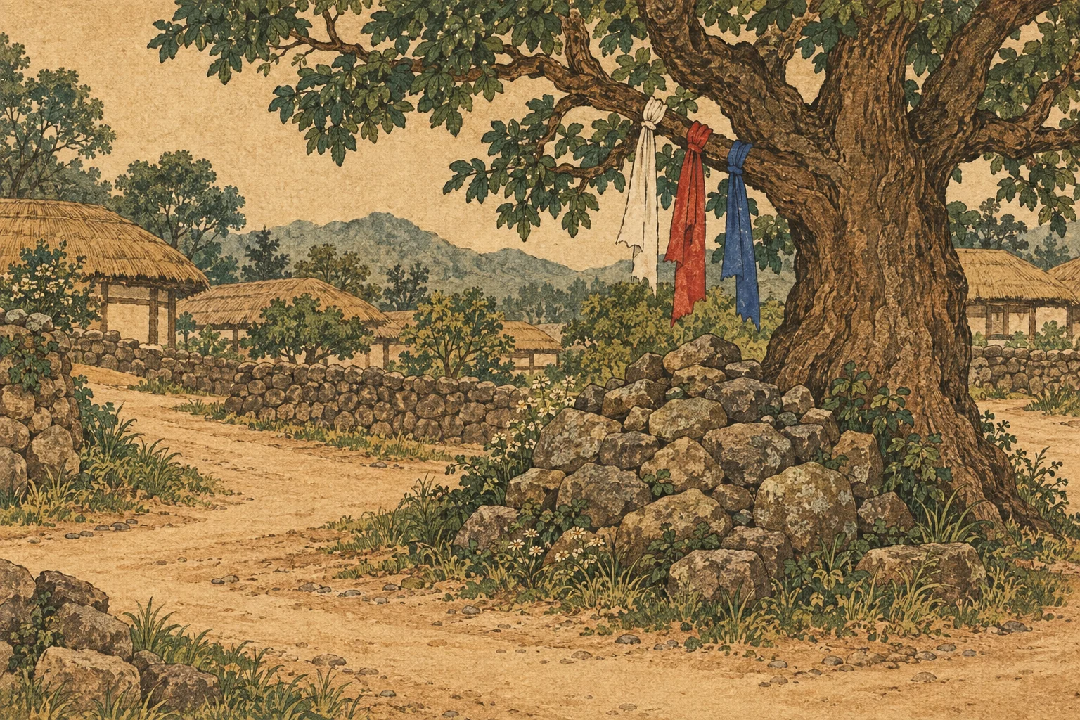 A village-path stone cairn stands beside a large tree hung with white, red, and blue cloth strips.