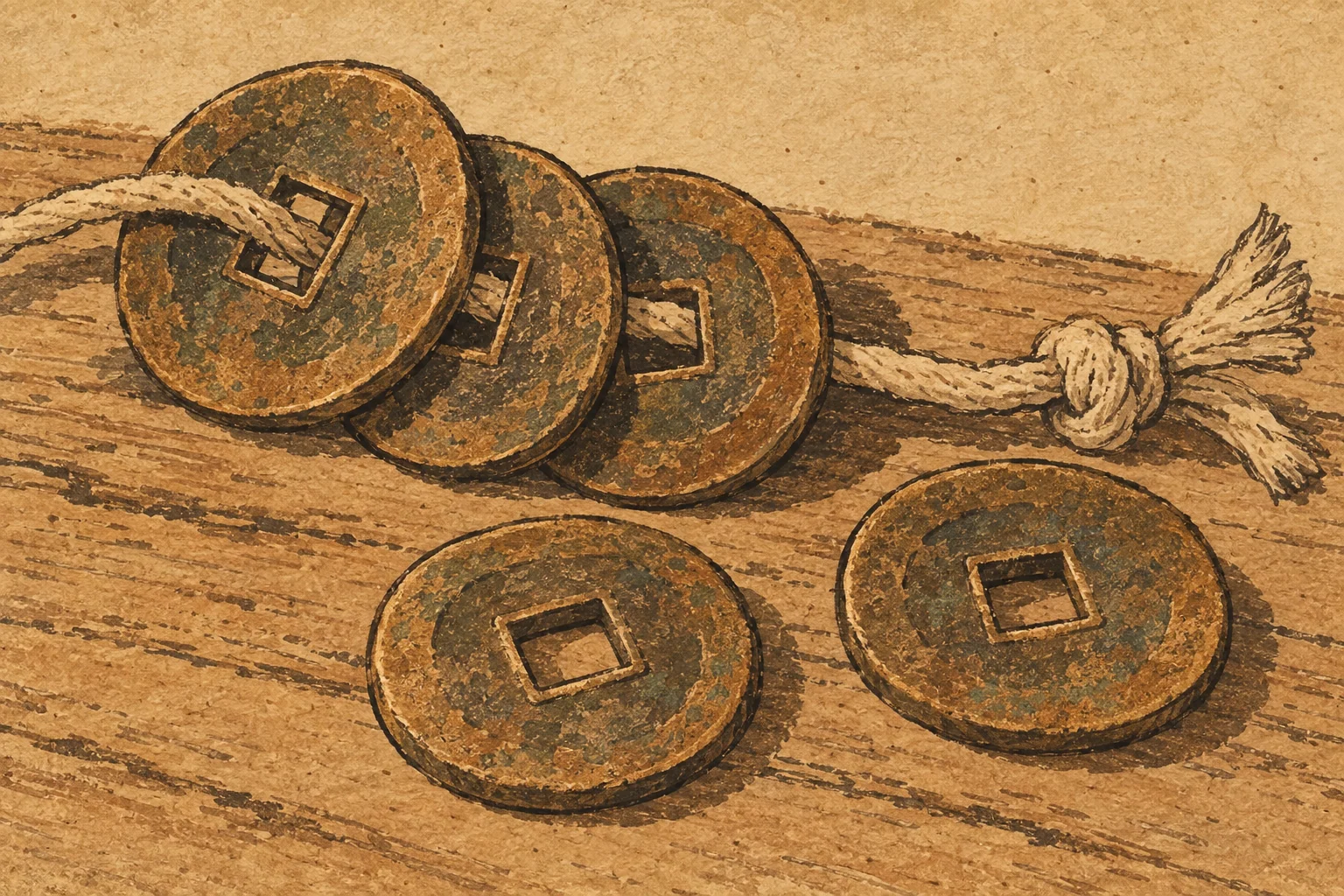Several weathered round cash coins with square holes lie on a plain cord.