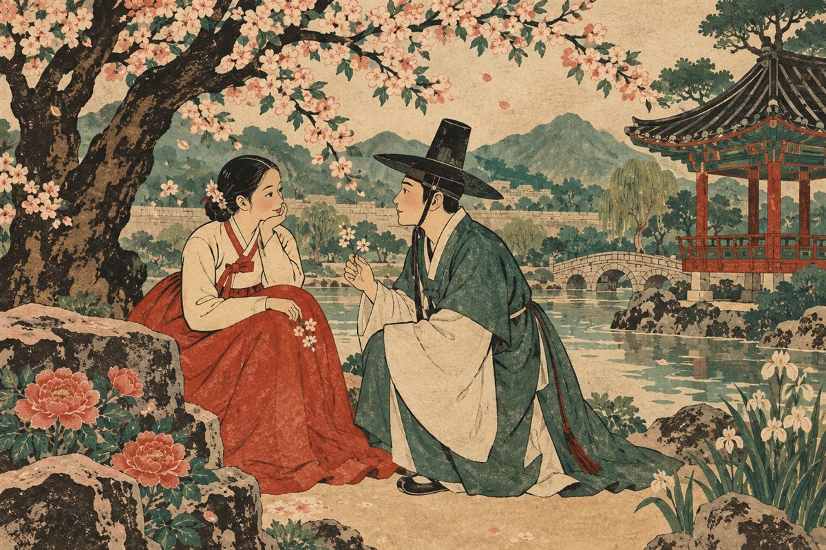 Chunhyang and Mongryong meet beneath a flowering tree in Namwon.