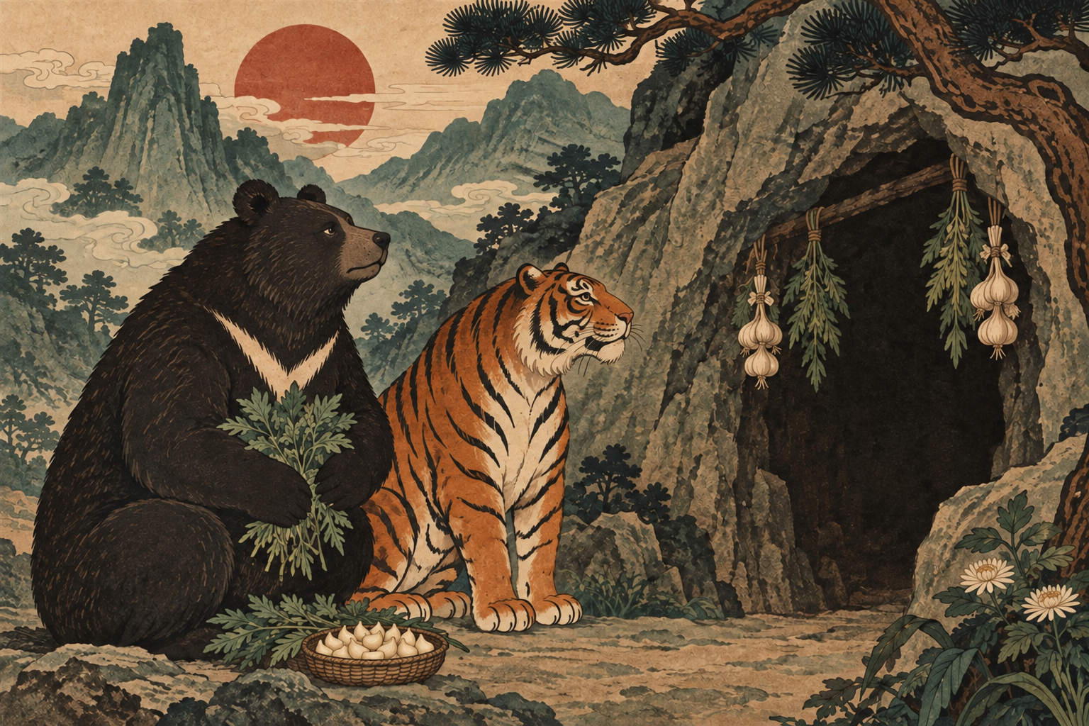 A bear and tiger wait at a mountain cave beside mugwort and a dish of garlic cloves.