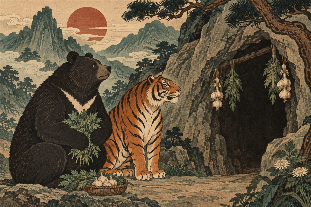 A modern illustration of the Dangun story; the ending refers to Dangun becoming a mountain spirit.
