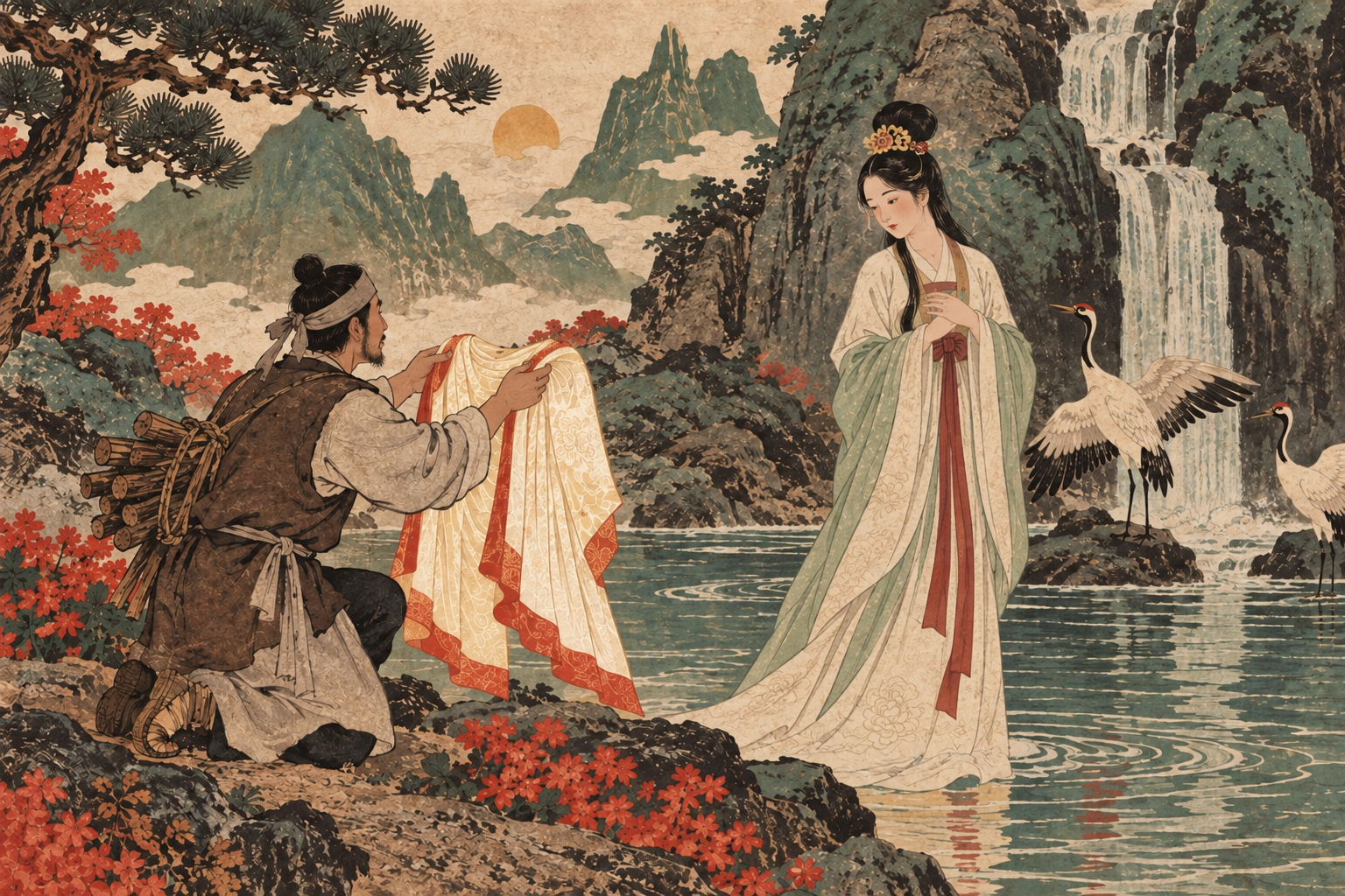 A woodcutter watches a heavenly maiden retrieve her clothes beside a mountain pond.