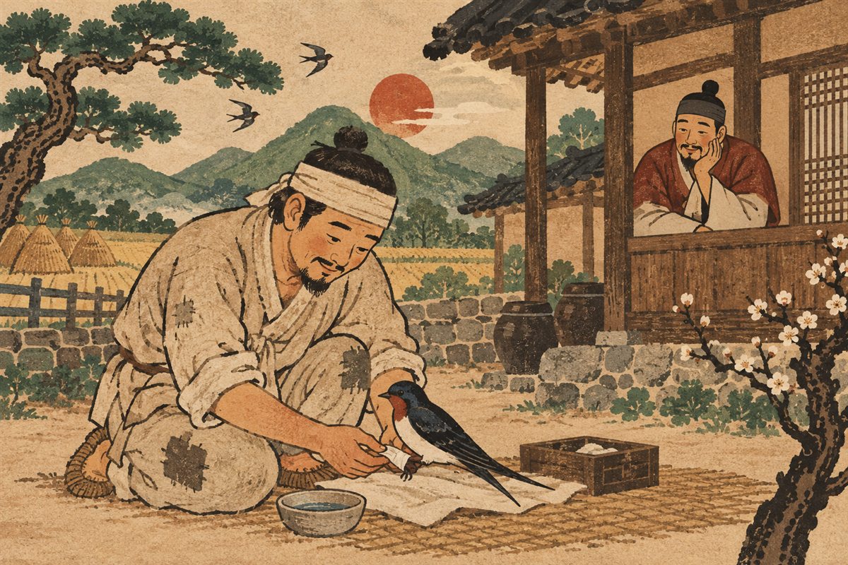 Two brothers stand with a swallow in a modern folktale illustration.