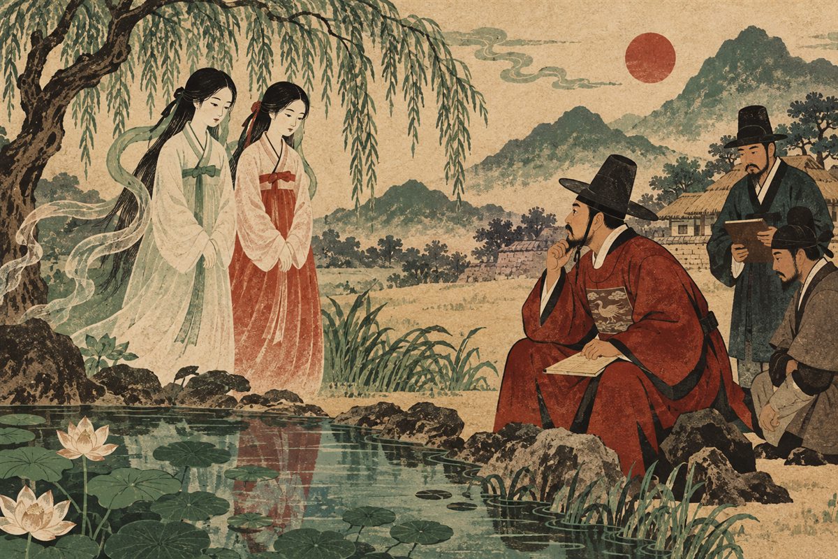 Two sisters stand together beneath a willow beside still water.