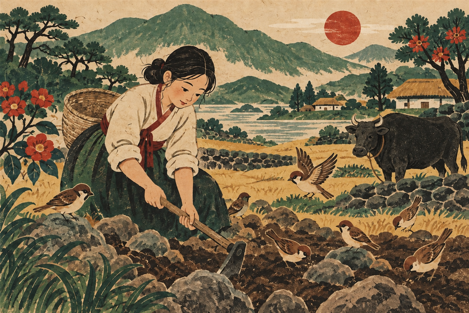 Kongjwi works in a field with help from birds and a black cow.