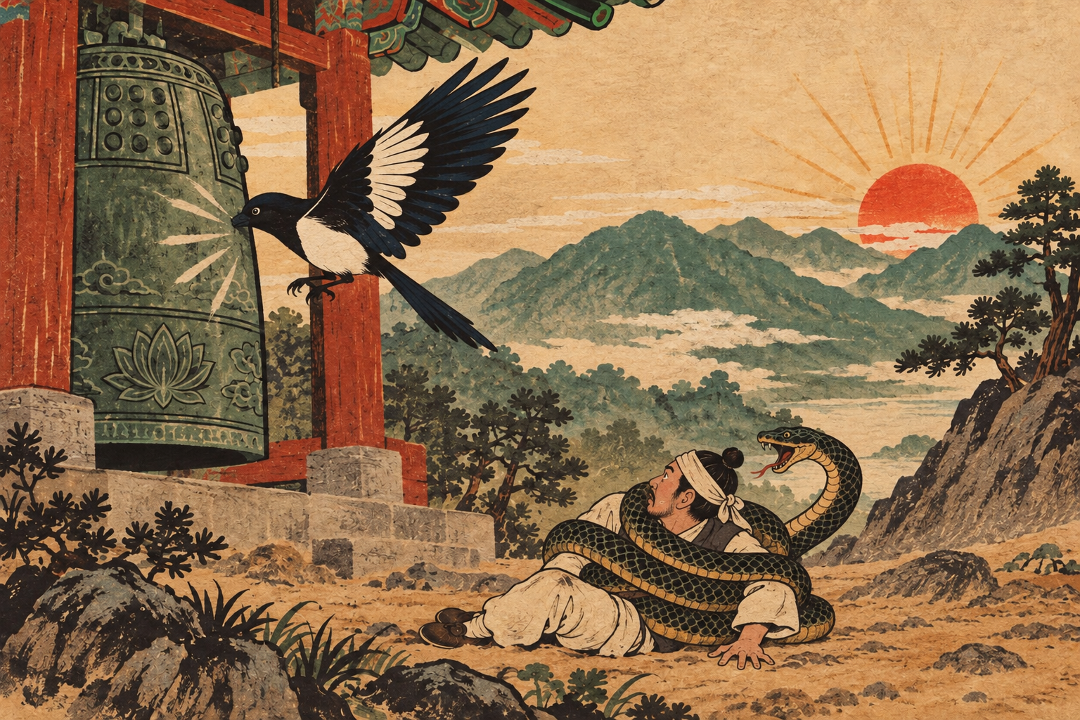 A magpie touches its head to a temple bell while a snake coils around a sleeping scholar.