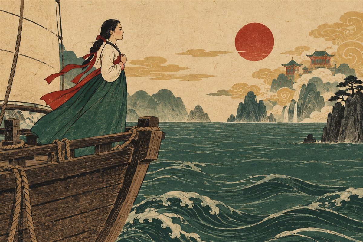 Simcheong stands at the edge of a ship above the open sea.