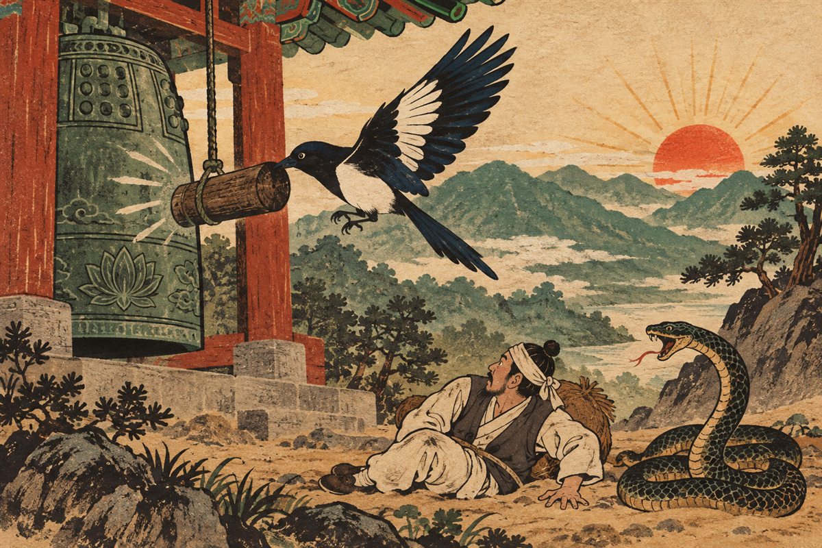 A magpie appears in a modern illustration of a Korean folktale.