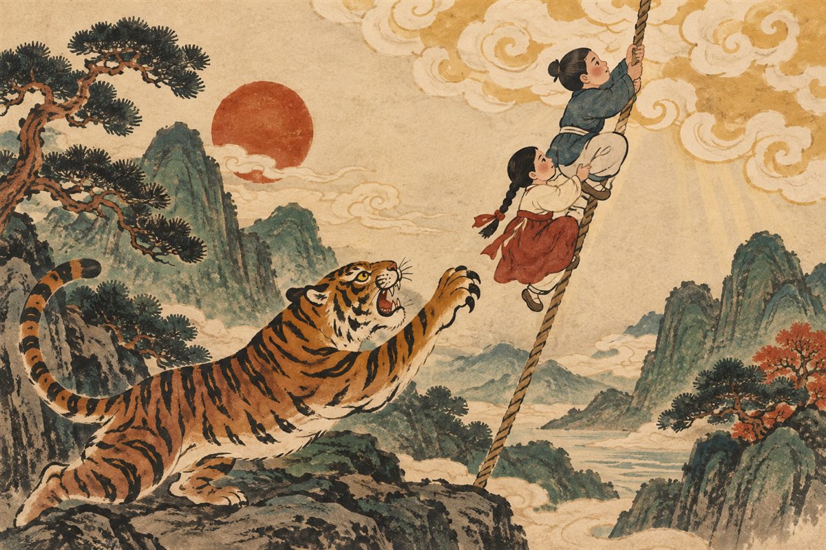 A tiger approaches a family in an illustration of The Sun and Moon Siblings.