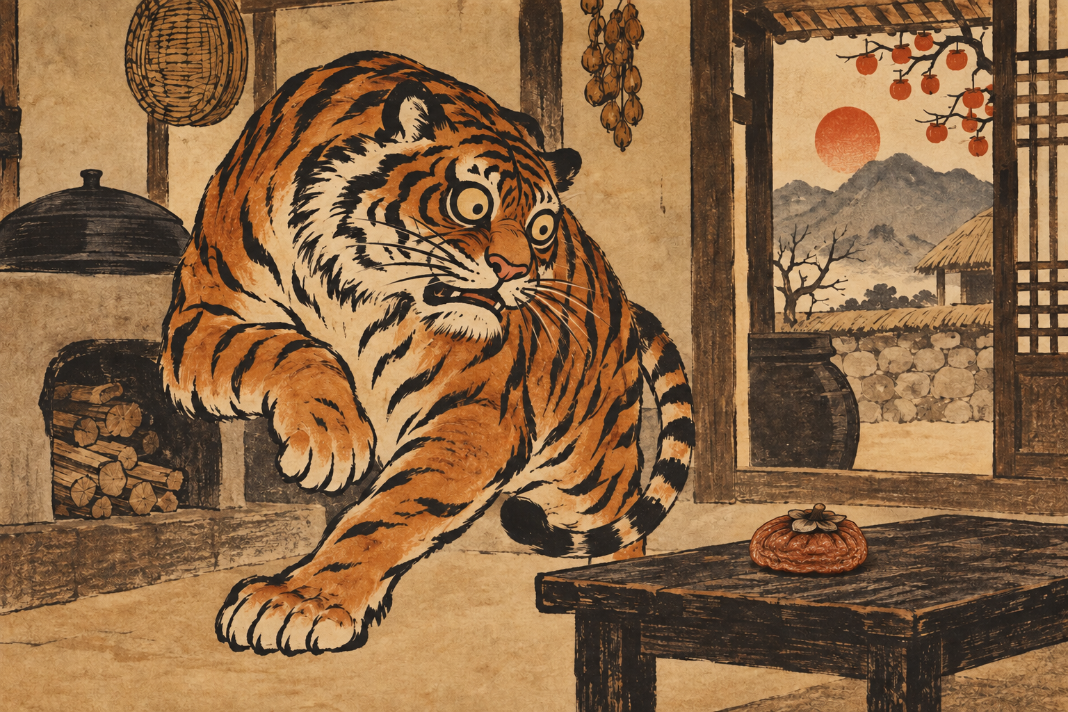A startled tiger recoils from a visibly dried persimmon in a traditional rural home.